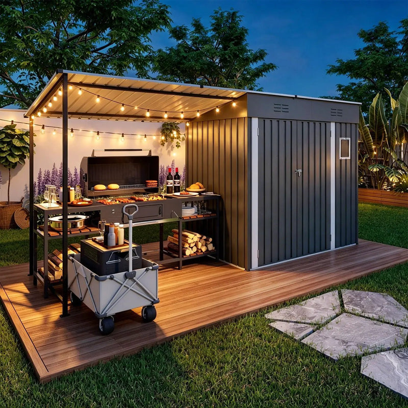 Lean To Shed With Open Sided Pergola, Outdoor Storage Shed & Attached Hardtop Gazebo Combo - Gray by HouseOfZazla