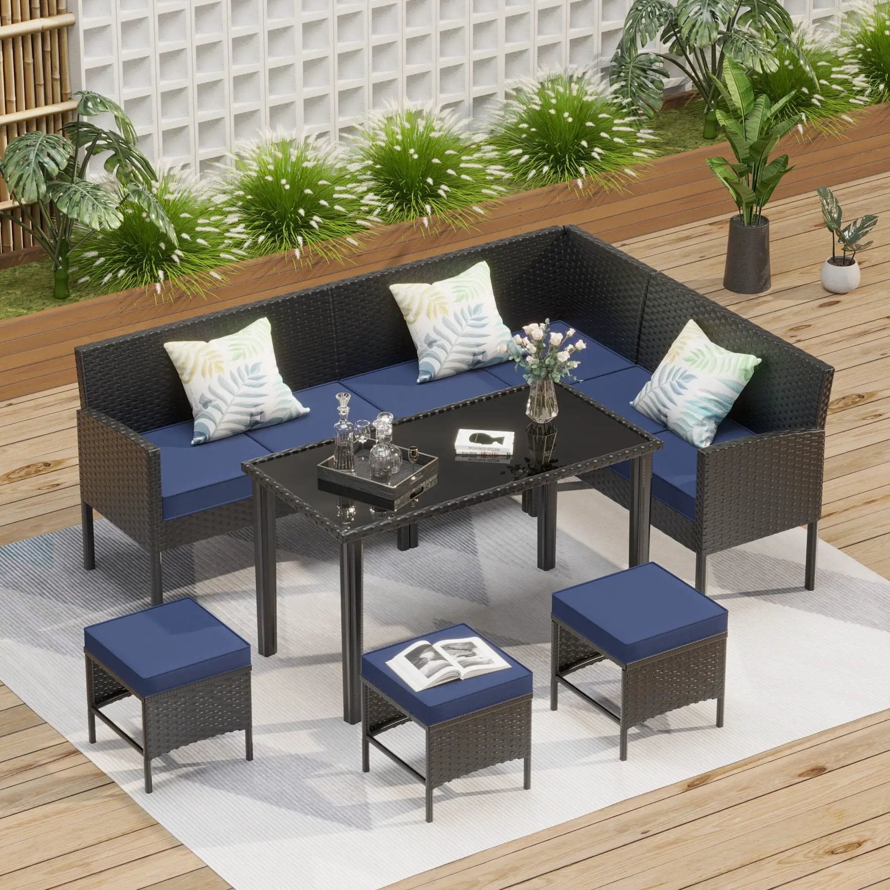 7 Piece Outdoor Furniture Set Waterproof Cushions Glass Table by HouseOfZazla