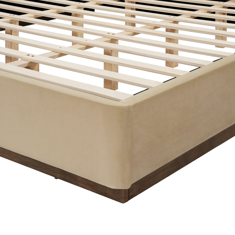 King Size Upholstered Bed Frame With Velvet Fabric Thick Headboard, Solid Wood Base, Camel by HouseOfZazla