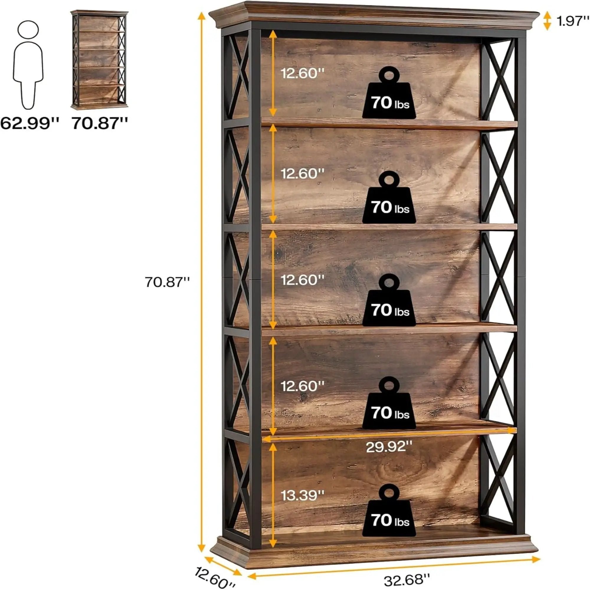 6 Tier Industrial Brown & Bookshelf With X Pattern Design - Rustic Brown by HouseOfZazla