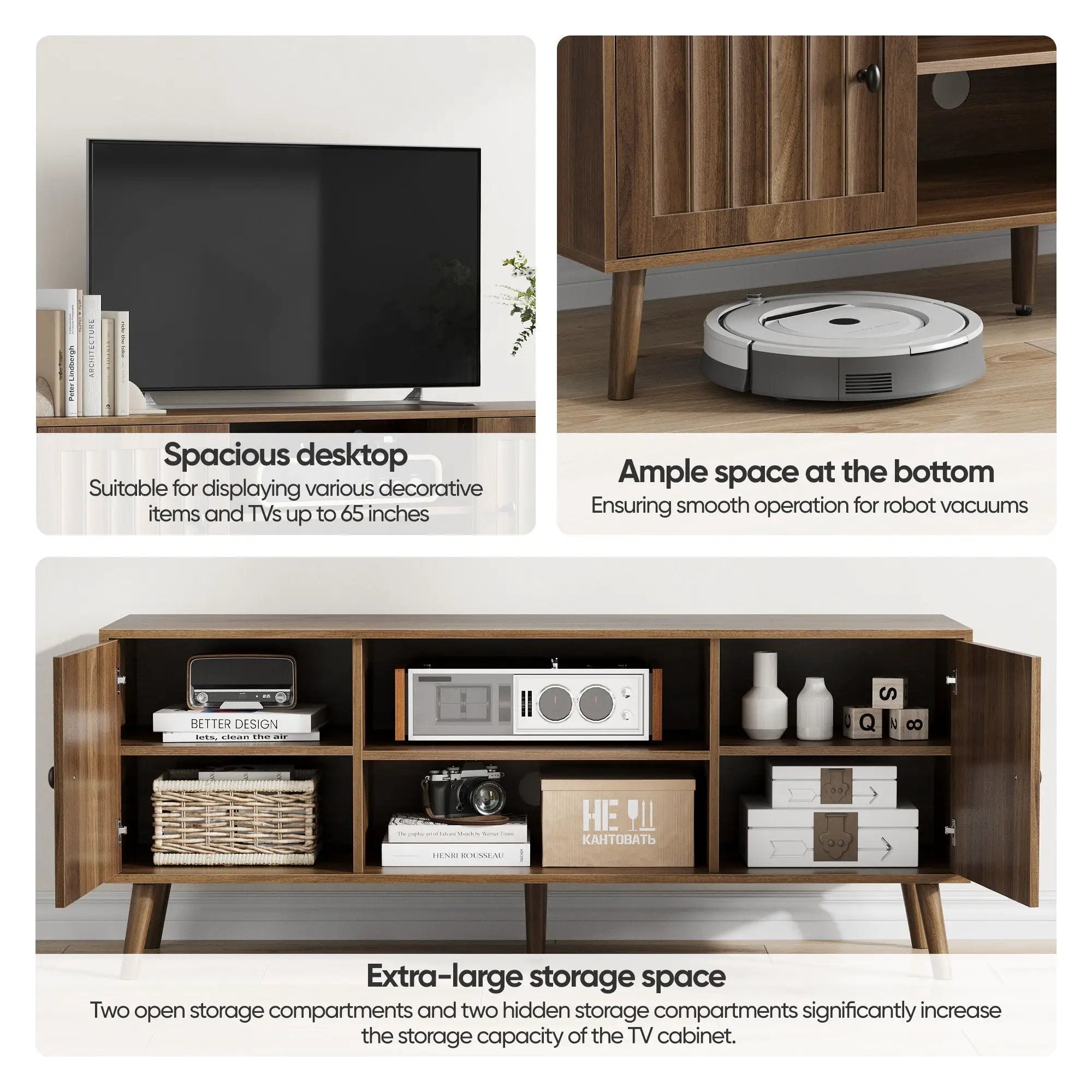 55" TV Cabinet With Vertical Groove Doors, Adjustable Shelves - Walnut by Unique Piece Furniture