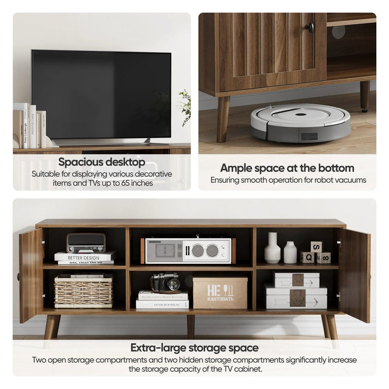 55" TV Cabinet With Vertical Groove Doors, Adjustable Shelves - Walnut
