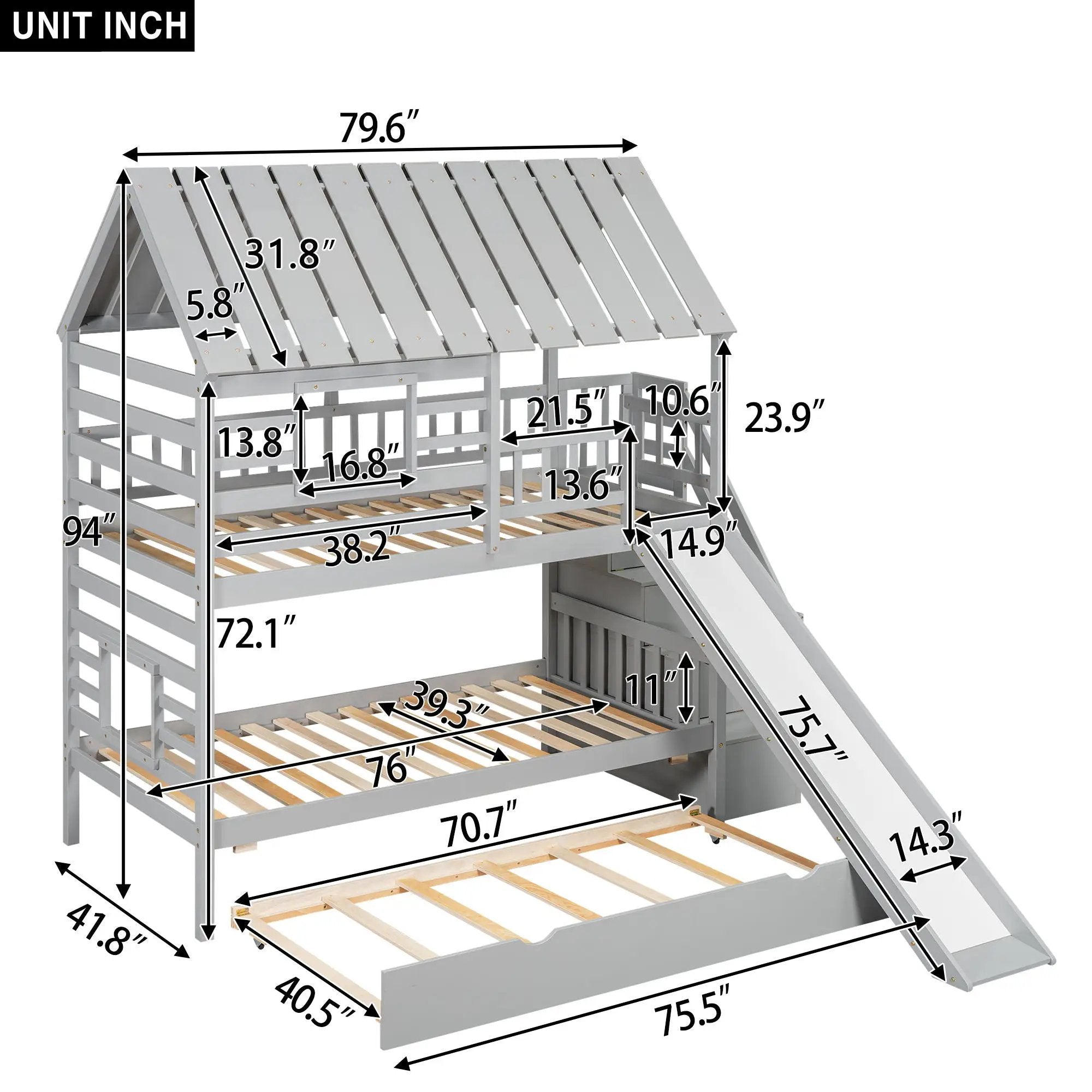 House Bunk Bed With Trundle, Storage Staircase, Roof And Window Design by Unique Piece Furniture