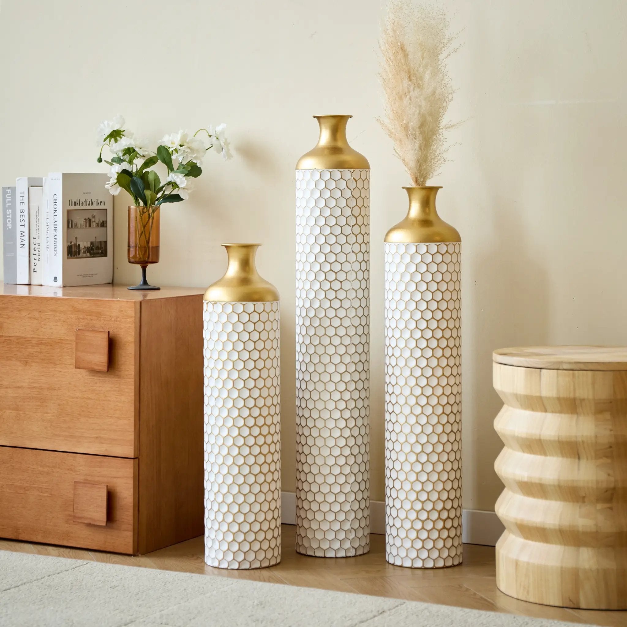 3-Piece Modern Metal Vase Set - White & Gold by HouseOfZazla