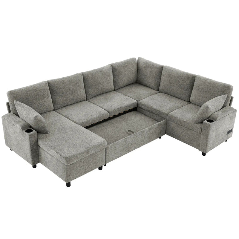 U-Shaped Sectional Sleeper Sofa With Ample Storage Space, 2 Cup Holders And Charging Ports For Living Room by HouseOfZazla