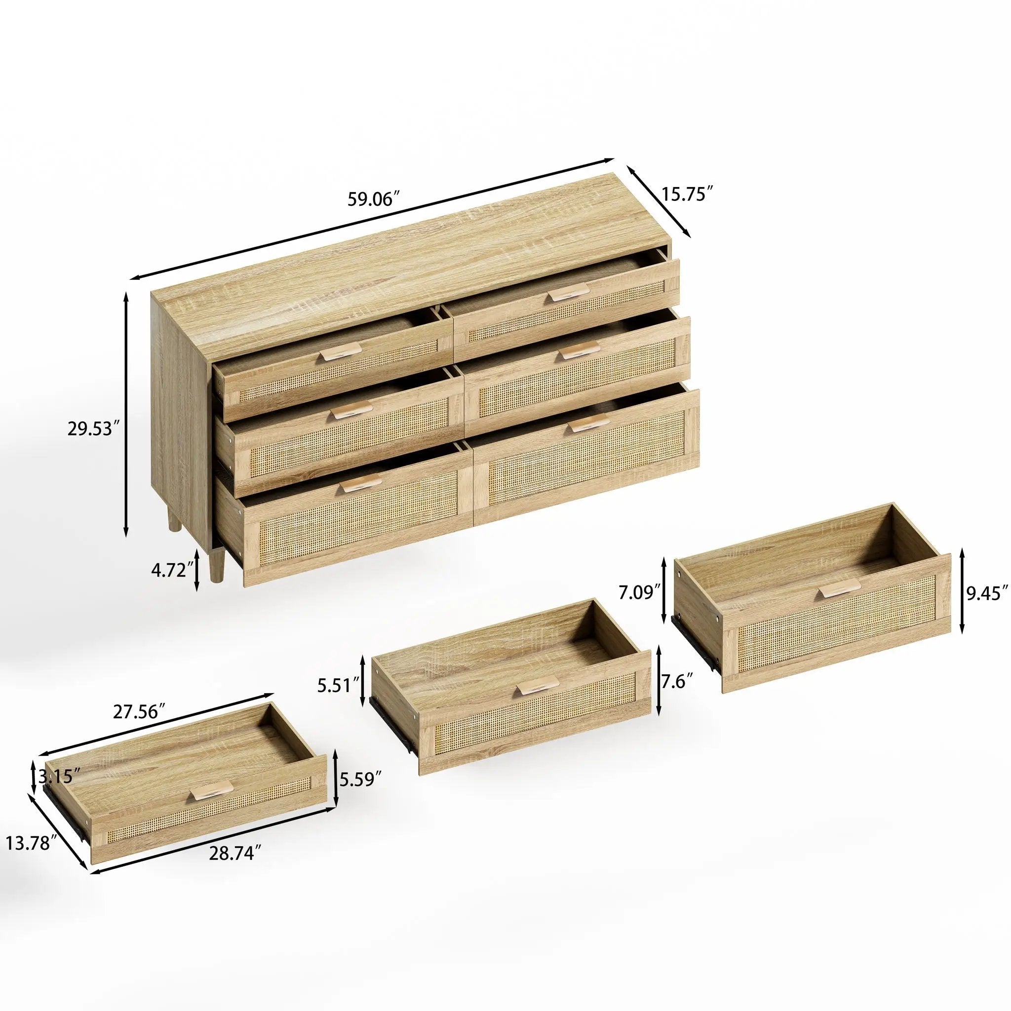 Rattan Dresser With 6 Drawers, Legs & Handles, Storage Cabinet - Natural by HouseOfZazla