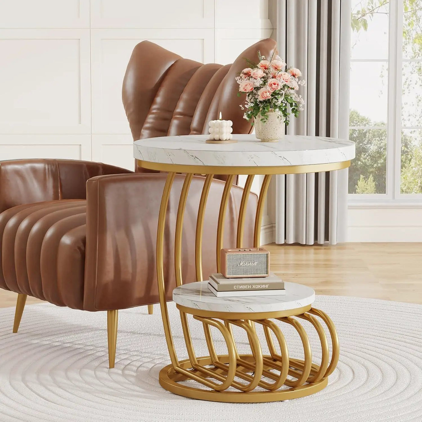 Round Vintage End Table With 2 Tier Storage by HouseOfZazla