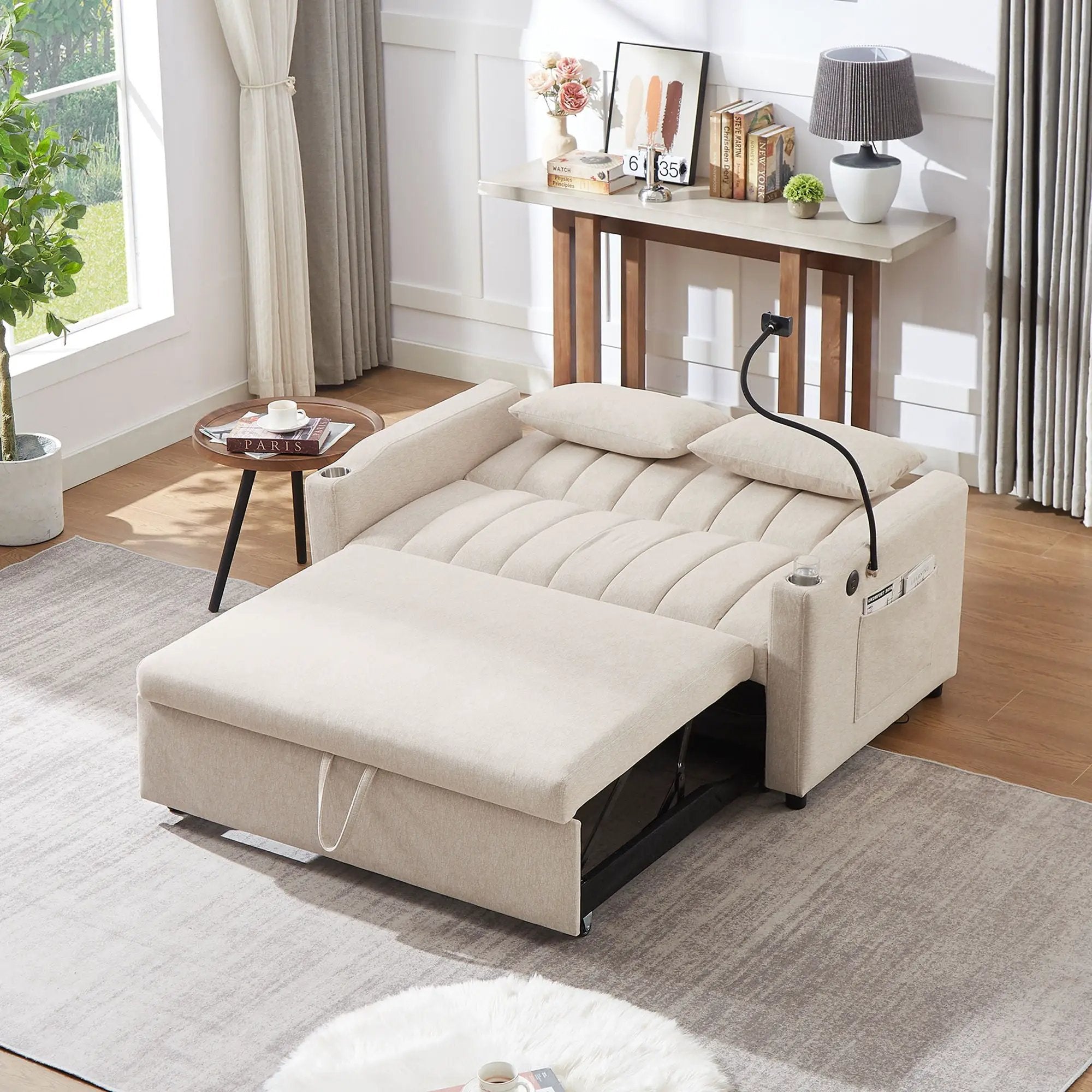 Convertible Sofa Bed Loveseat Sofa With Three USB Ports, Two Side Pockets, Two Cup Holders And 360° swivel Phone Holder For Living Room by HouseOfZazla
