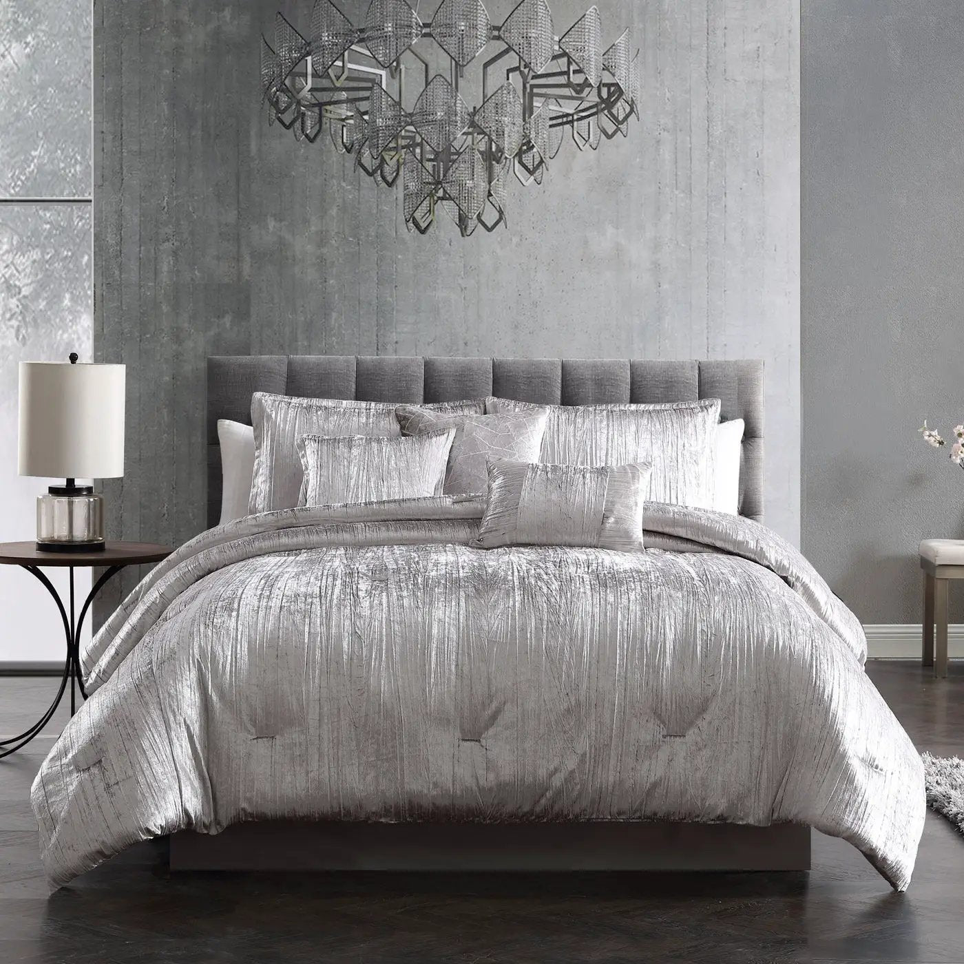 Turin Silver Crinkle Velvet 7PC Bedding Set by HouseOfZazla