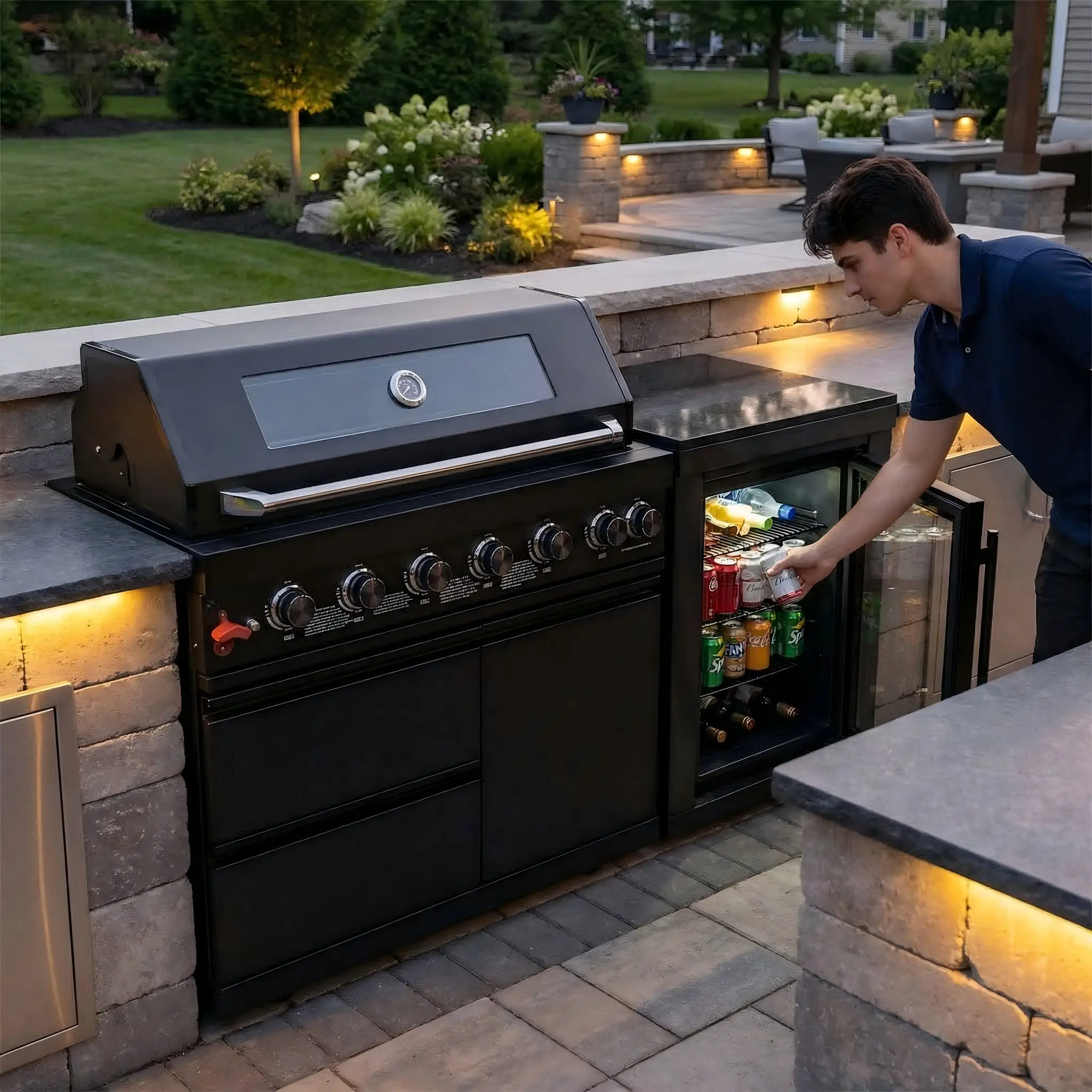 63" 6-Burner Black Outdoor Kitchen Island Grill + Fridge by Chery Industrial