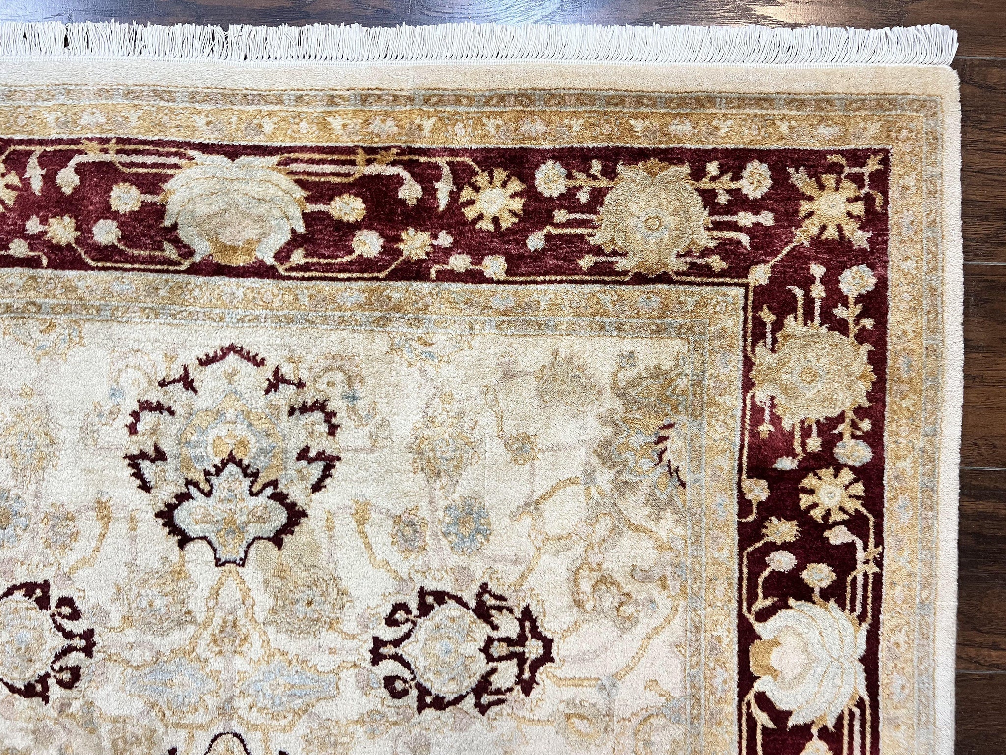 Peshawar Rug 5x7, Beige and Maroon, Vintage Handmade Wool Traditional Carpet 5 x 7 ft, Pakistani Rug, Agra Pattern, Very Fine 260 KPSI by Jewel Rugs
