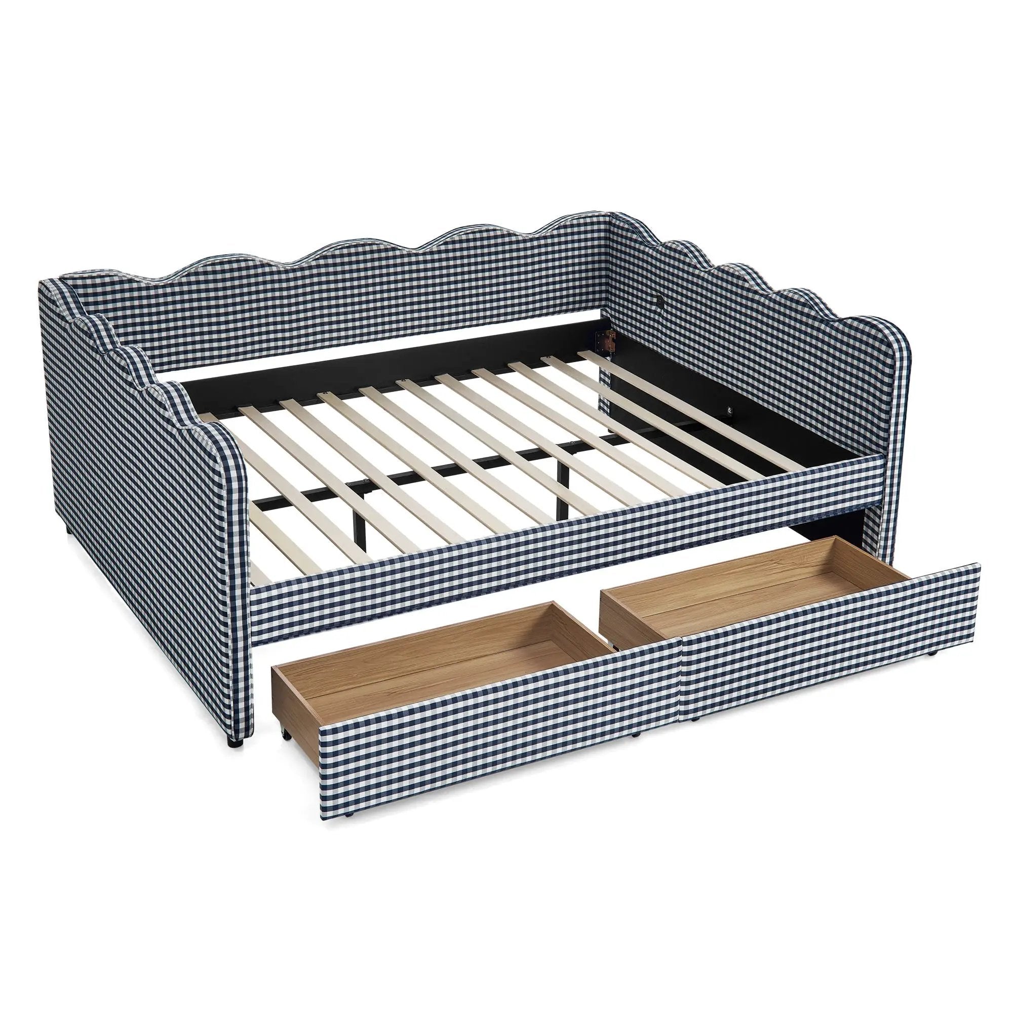 Queen Size Cozy Gingham Daybed with Two Storage Drawers and USB Port by HouseOfZazla