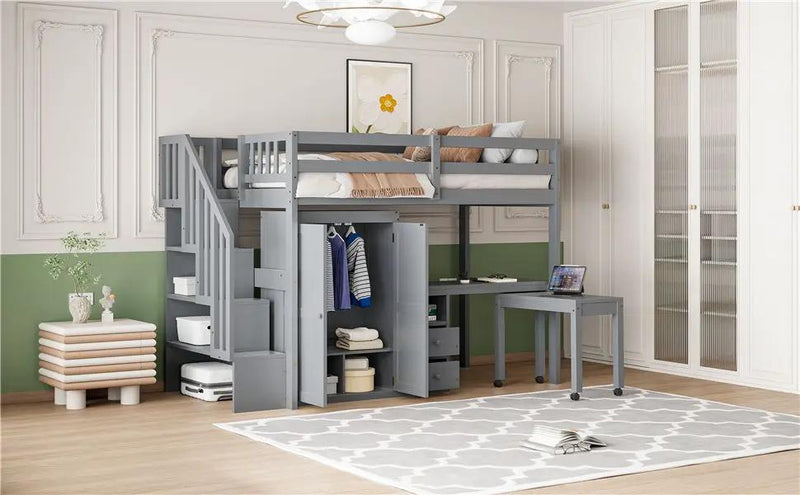 Loft Bed With Stairs, Bookshelf, Drawers, Desk & Wardrobe, Space Saving Multifunctional Furniture by HouseOfZazla