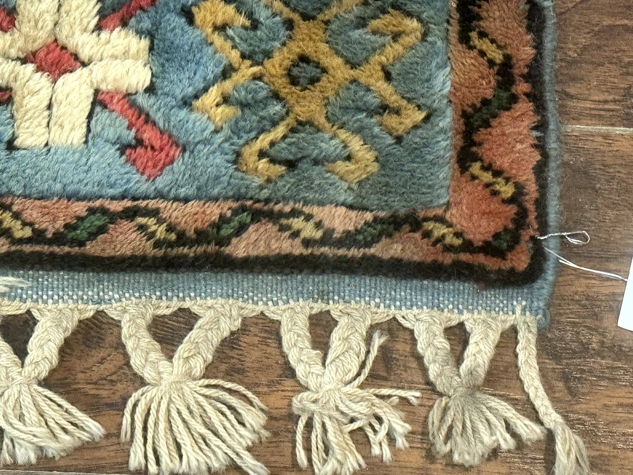 Turkish Kazak Runner Rug 3x11, Cream and Light Blue, Vintage by Jewel Rugs