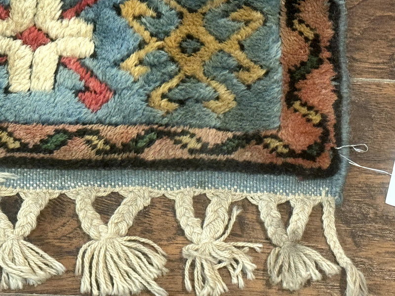 Turkish Kazak Runner Rug 3x11, Cream and Light Blue, Vintage by Jewel Rugs