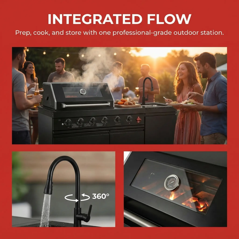 65" 4-Burner 72,000 BTU Black Outdoor Kitchen Island Grill + Round Side Burner by Chery Industrial