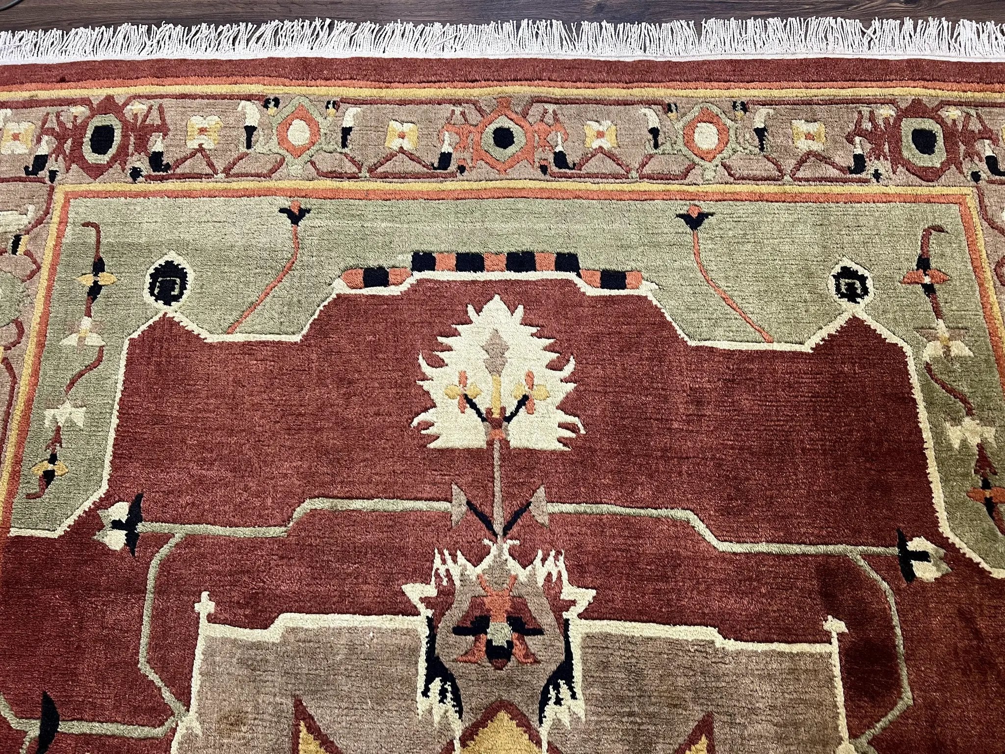 Tibetan Rug 7x10, Geometric Medallion, Red Green Taupe, Hand Knotted, Soft Wool Area Rug, Contemporary Carpet, Handmade Nepali Rug 7 x 10 ft by Jewel Rugs