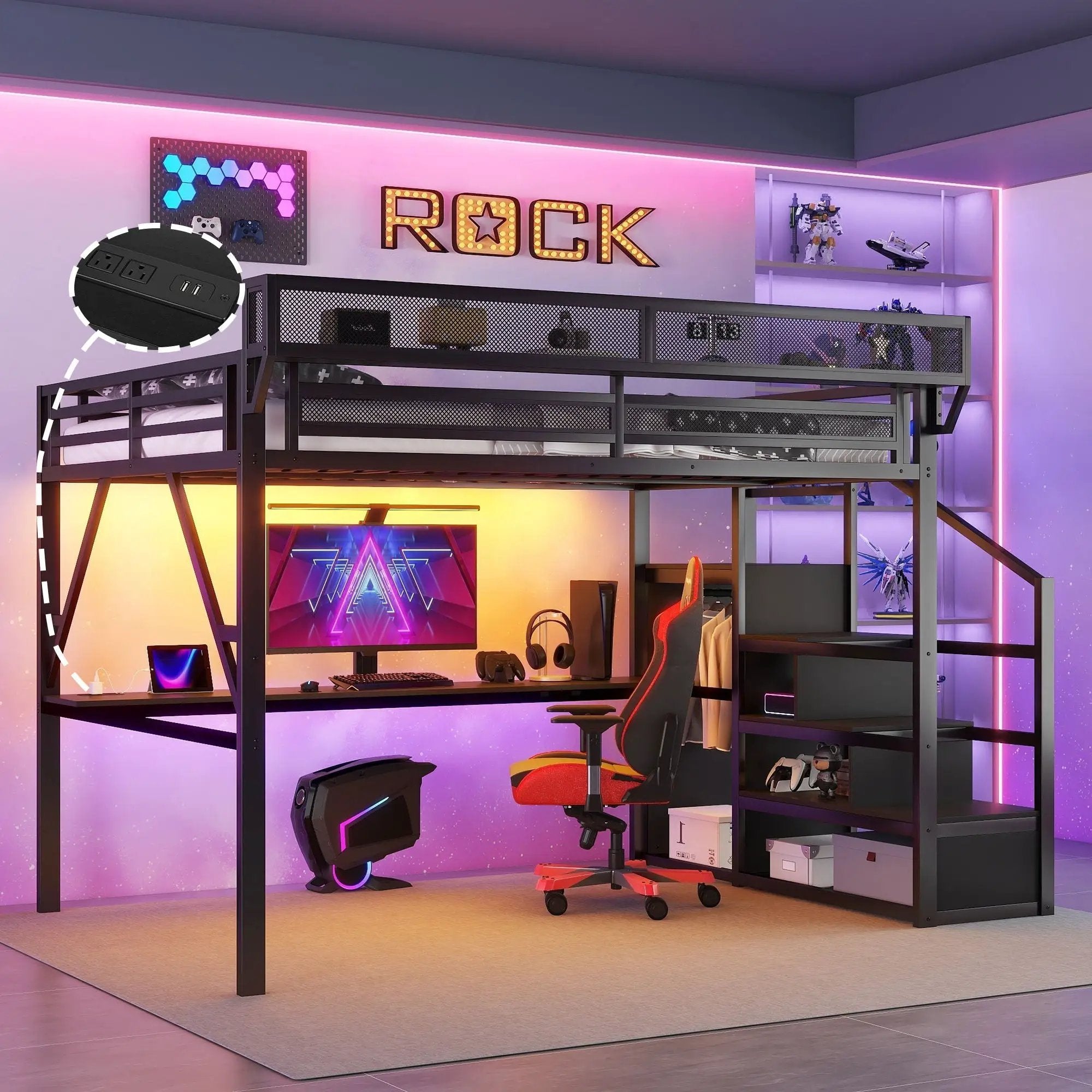 Loft Bed With Desk And Charging Station With Stairs And Light by Unique Piece Furniture