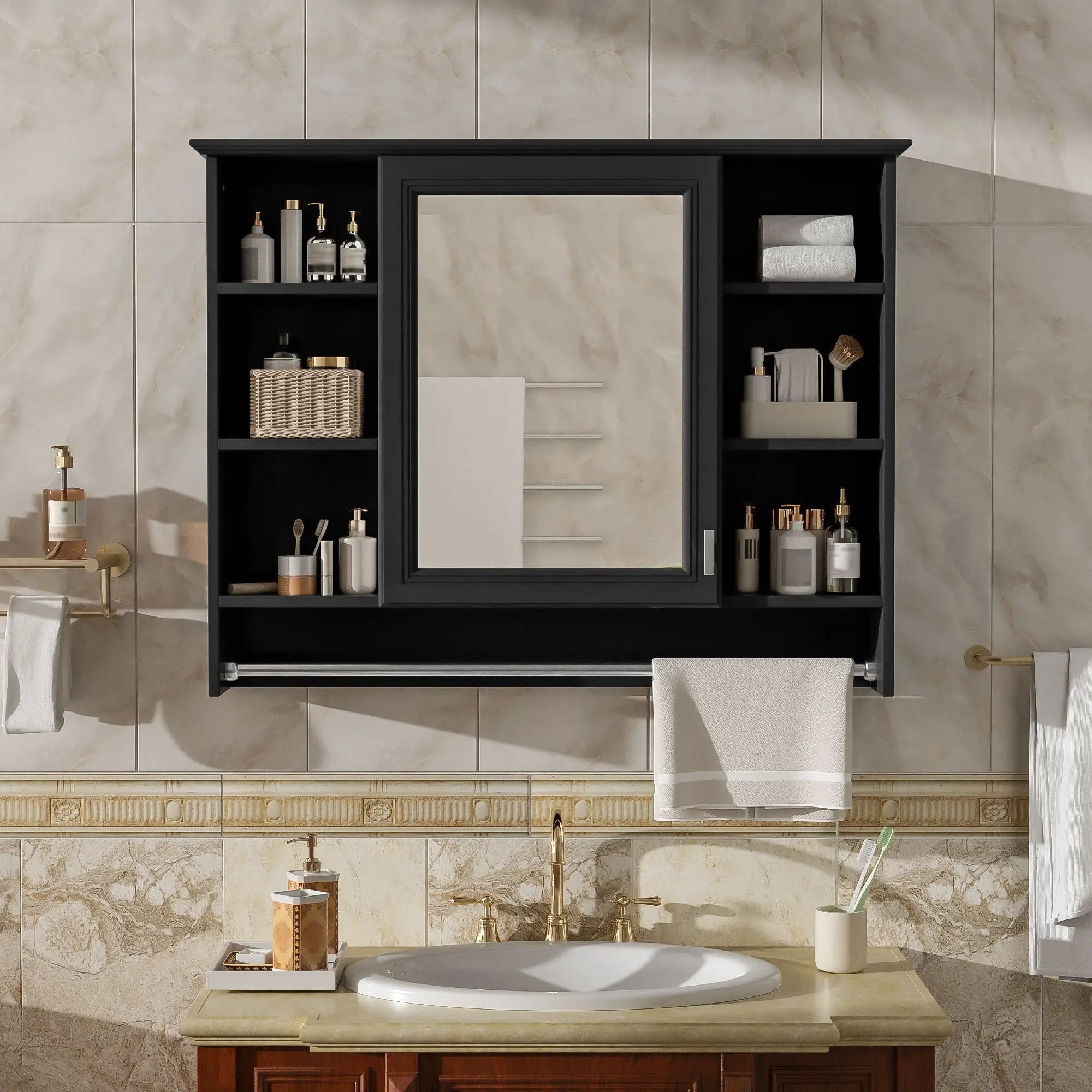 Modern Wall Mounted Mirror Cabinet With Adjustable Shelf, Soft Close Door, And Towel Bar by Unique Piece Furniture
