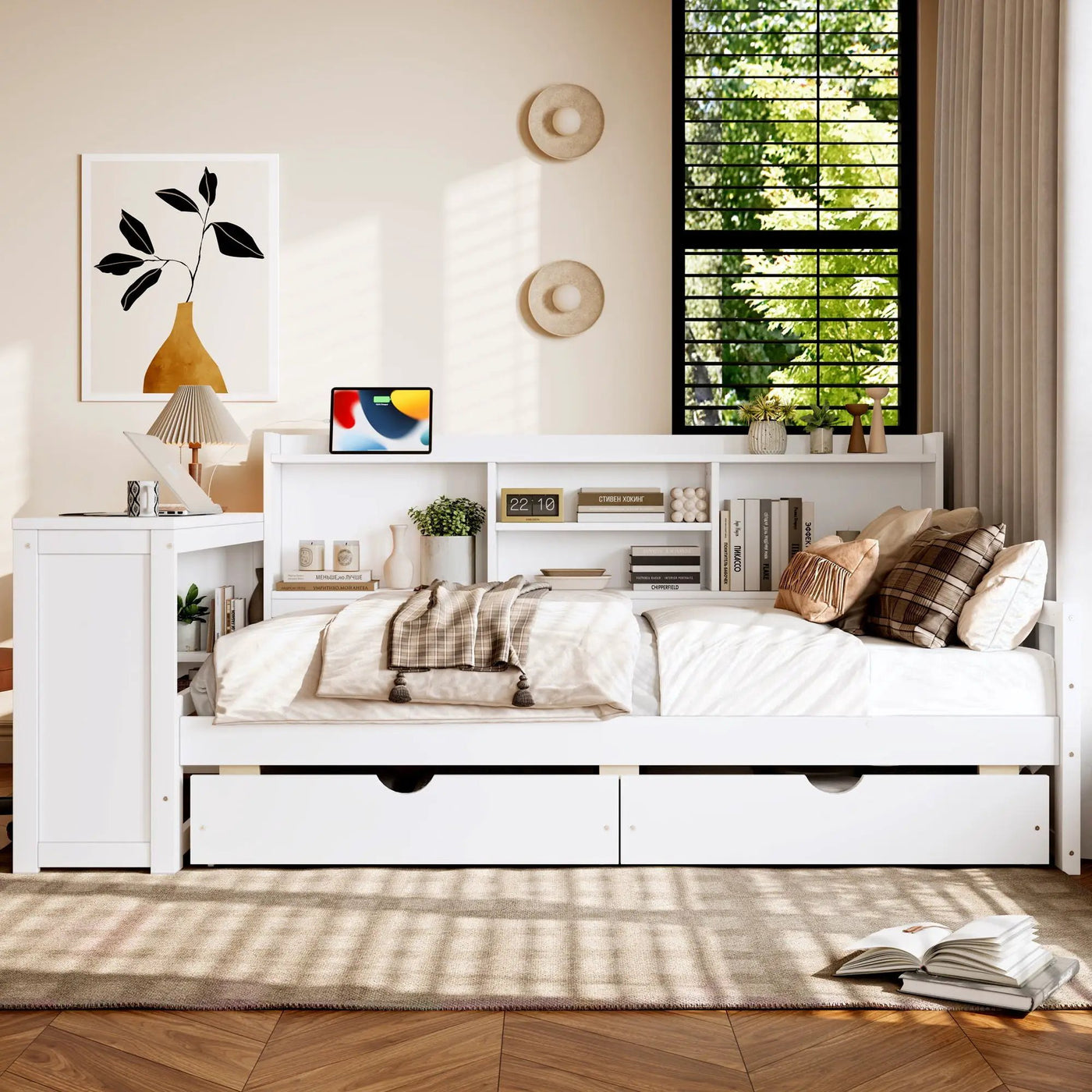 Corner Daybed With Storage Drawers, Desk, Charging Port & Bookcase by HouseOfZazla