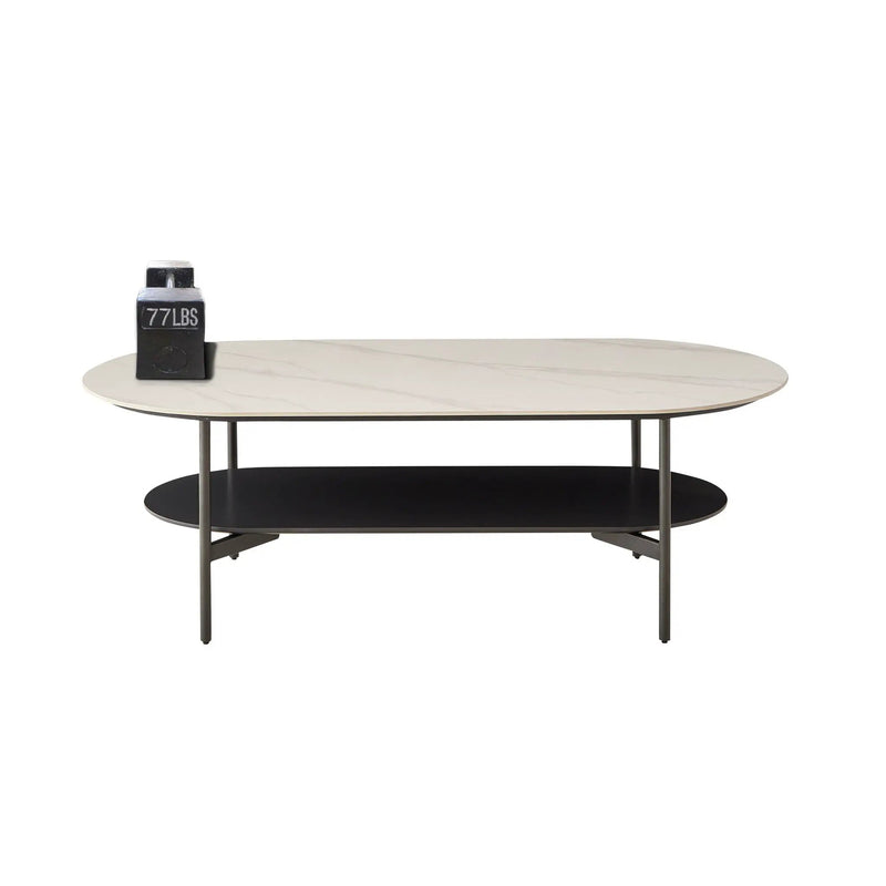 Contemporary Coffee Table Sintered Stone Surface With Ceramic Finish Double Layer Design Base Matte Shelf Modern Living Room Center Table - White / Gray by HouseOfZazla
