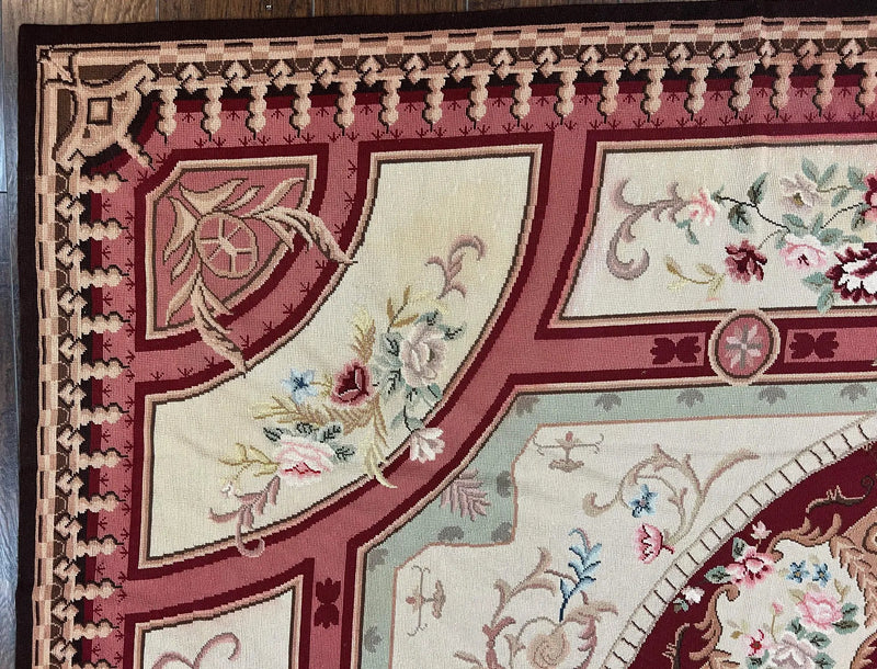 Needlepoint Rug 7.9 x 9, Beige Maroon Rose, Handmade Handwoven Flatweave Aubusson Savonnerie French European Elegant Carpet, Wool Rug by Jewel Rugs