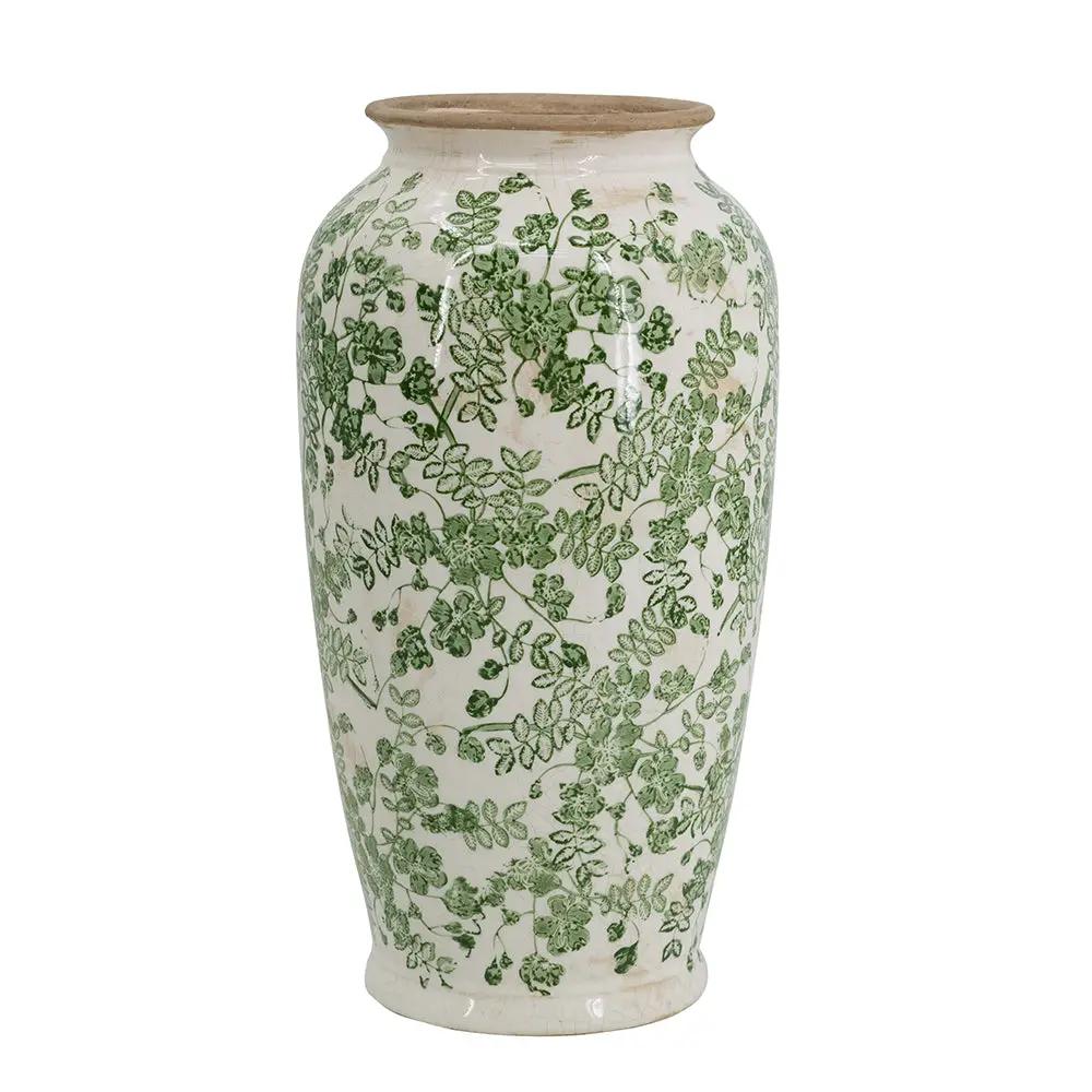 7.7x7.7x14.6' White Ceramic Flower Vase with Green Floral Pattern by HouseOfZazla