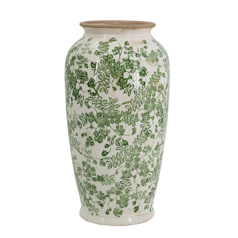 7.7x7.7x14.6' White Ceramic Flower Vase with Green Floral Pattern by HouseOfZazla