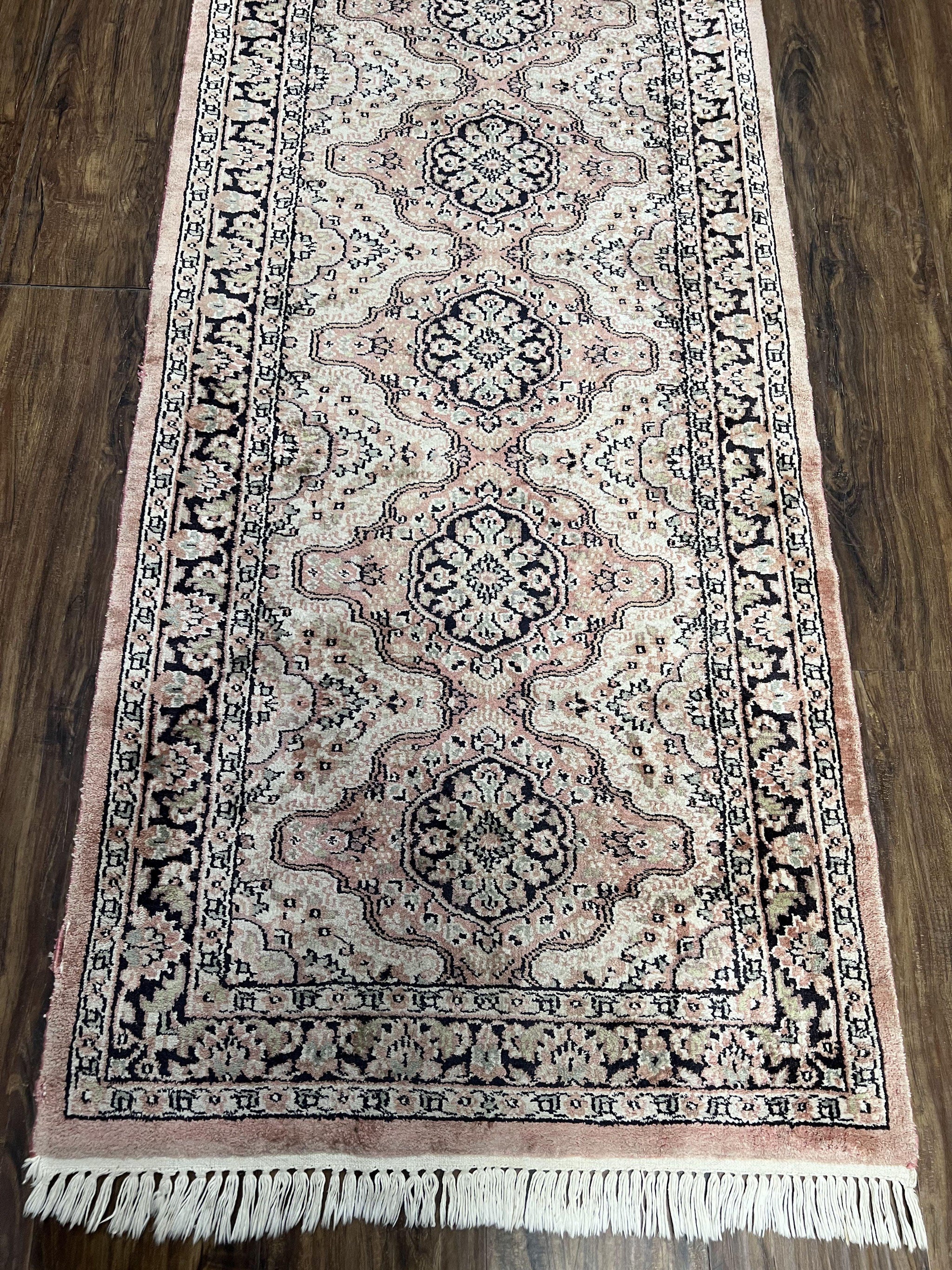 Silk Kashmiri Runner 2.7 x 10 ft Vintage Rug, Ivory Pastel Pink, Hand-Knotted Vintage Runner, Hallway Carpet, Indian Rug Medallion Runner by Jewel Rugs