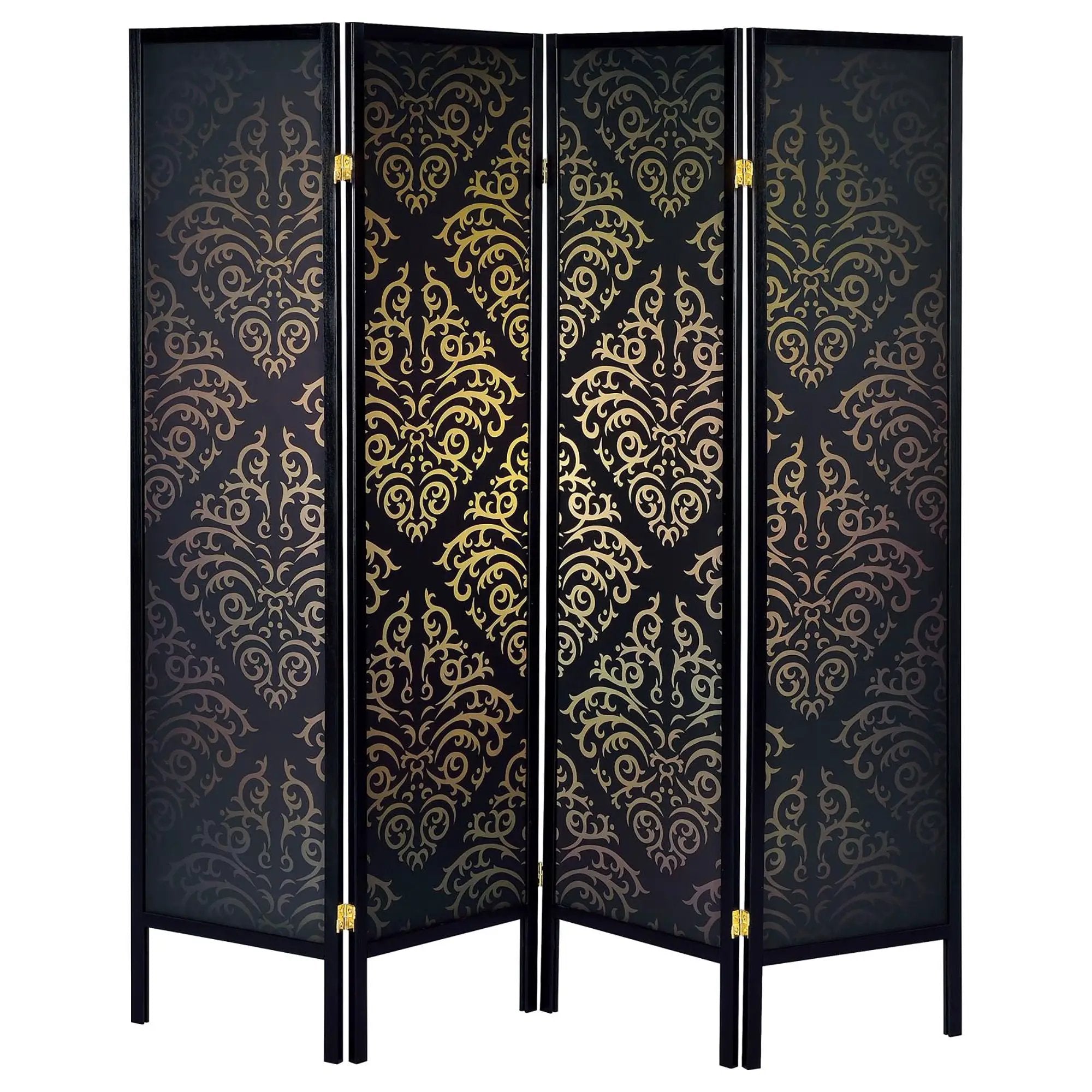 4 Panel Folding Screen With Diamond Scrollwork Motif - Black by HouseOfZazla