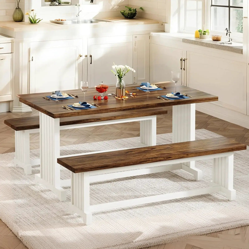 3 Piece Dining Table Set For 2 - 4, With Space Saving Benches - Brown / White by HouseOfZazla