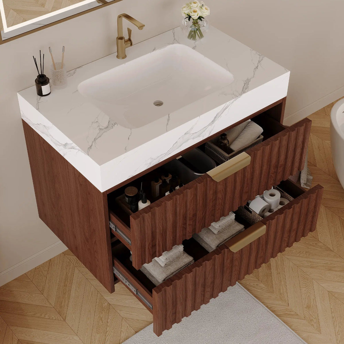 30" Modern Floating Bathroom Vanity with Seamless Sintered Stone Top, photo 6 of 10