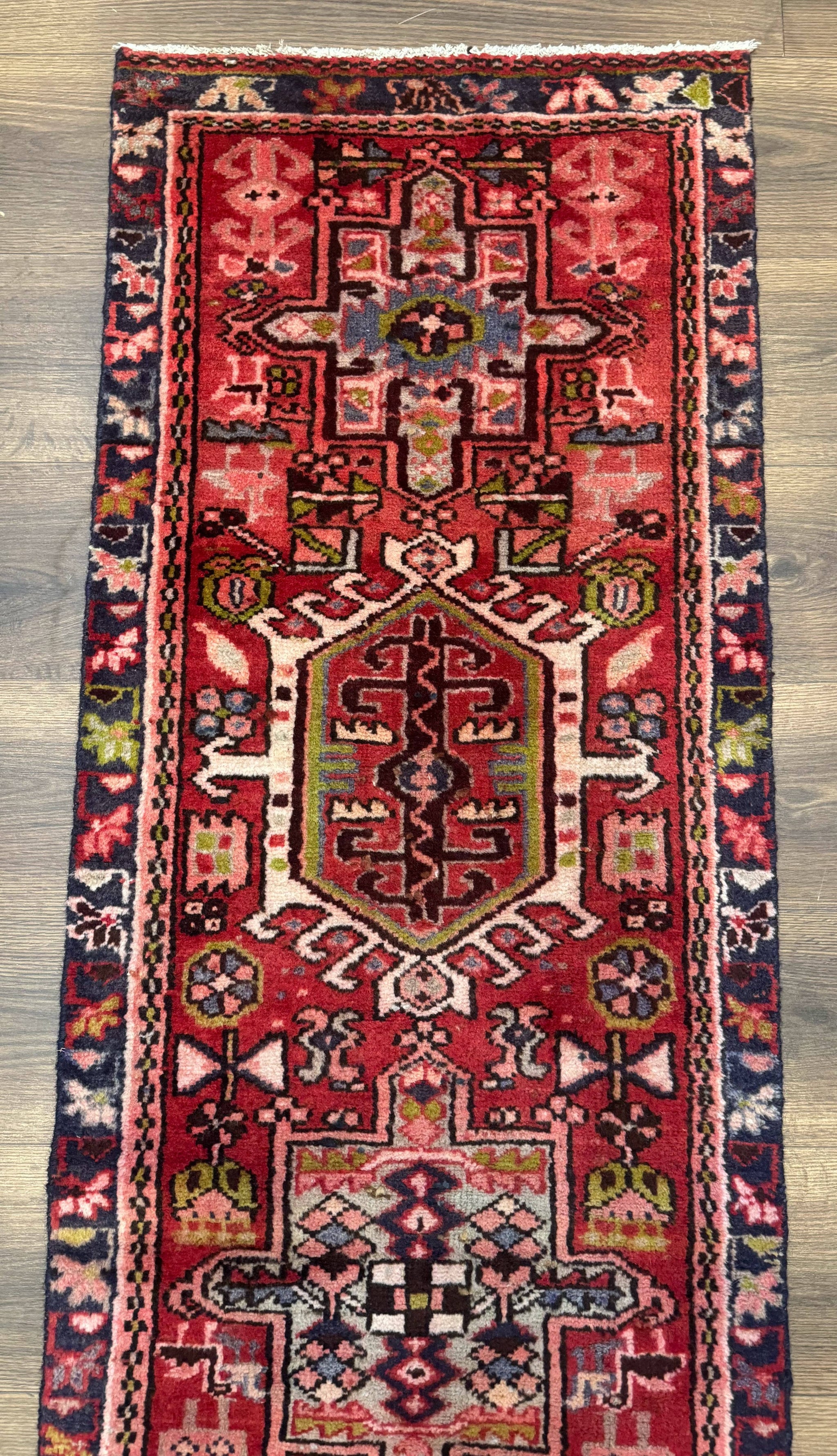 Persian Heriz Karajeh Runner Rug 2x9, Geometric Medallions, Red Navy Blue, 2 x 9 Rug for Hallway by Jewel Rugs