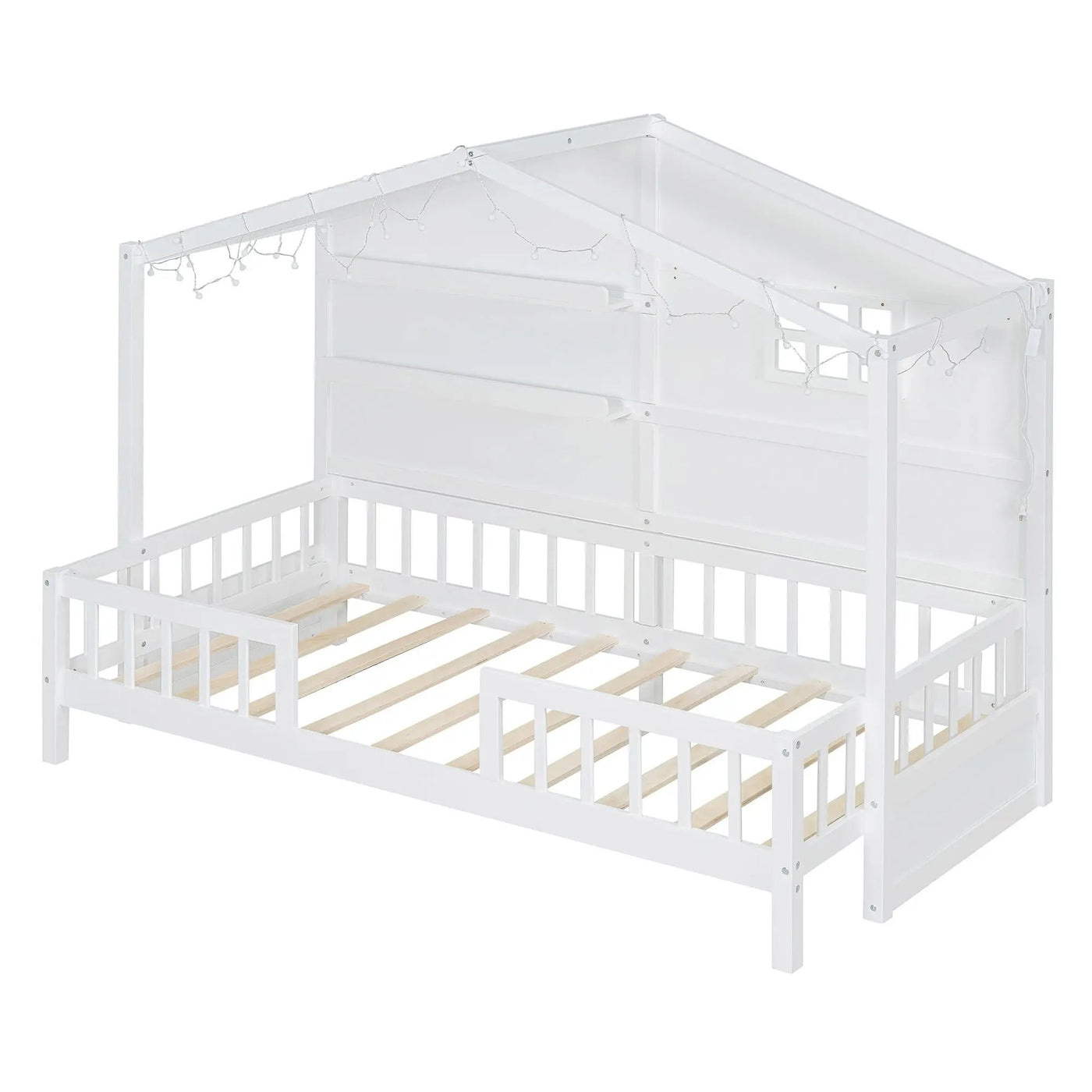 House Bed With Shelves, Window And Sparkling Light Strip On The Roof by Unique Piece Furniture