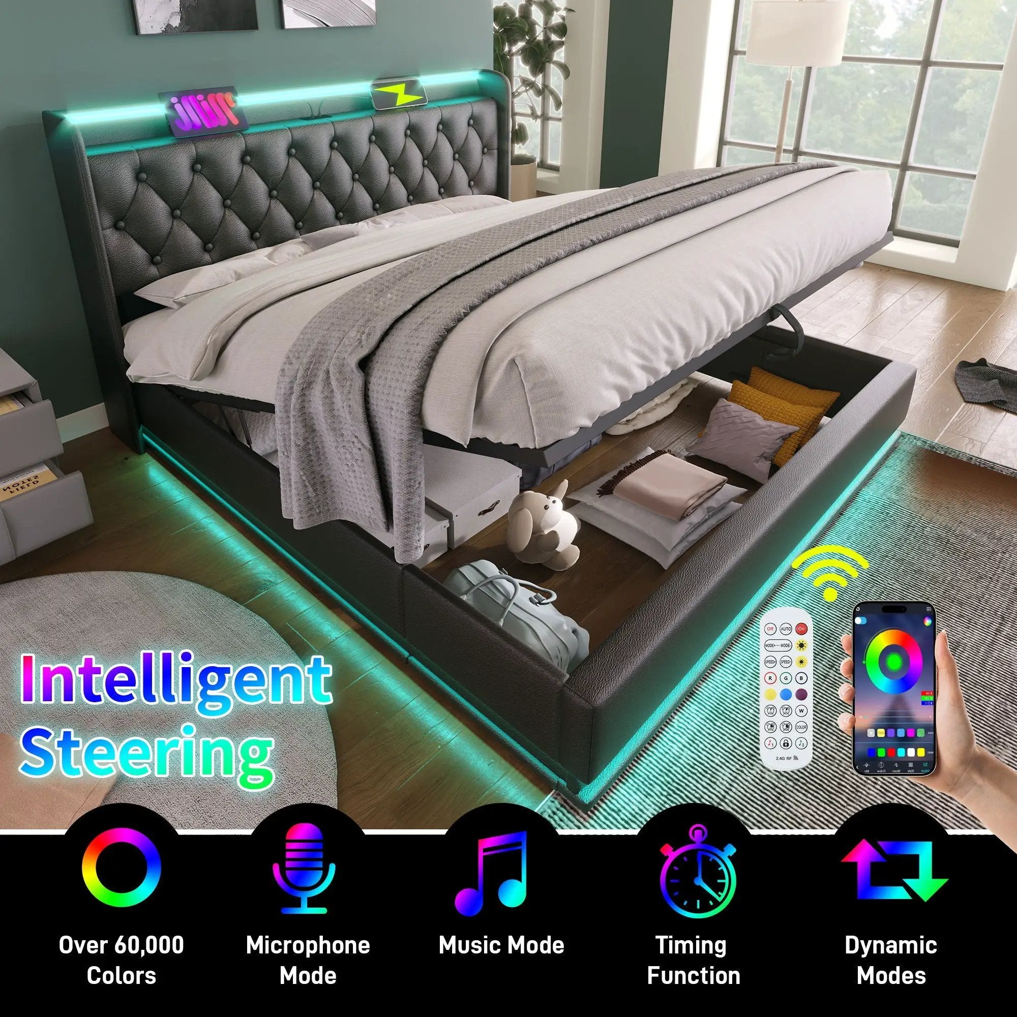 Upholstered Bed, 360 Surround LED Function, Remote Control, Hydraulic Storage Bed With USB, Type-C Charging (Without Mattress) by HouseOfZazla