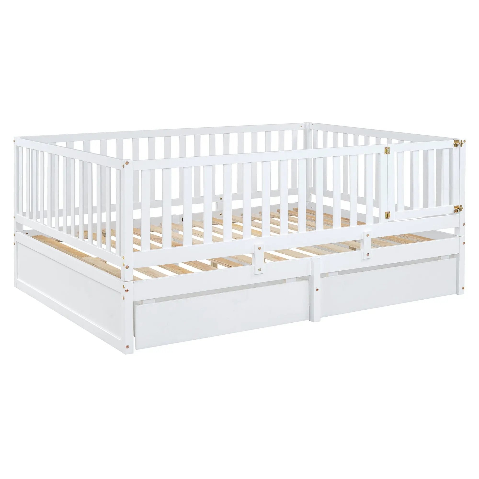 Daybed With Fence Guardrails And 2 Drawers, Split Into Independent Floor Bed & Daybed by HouseOfZazla