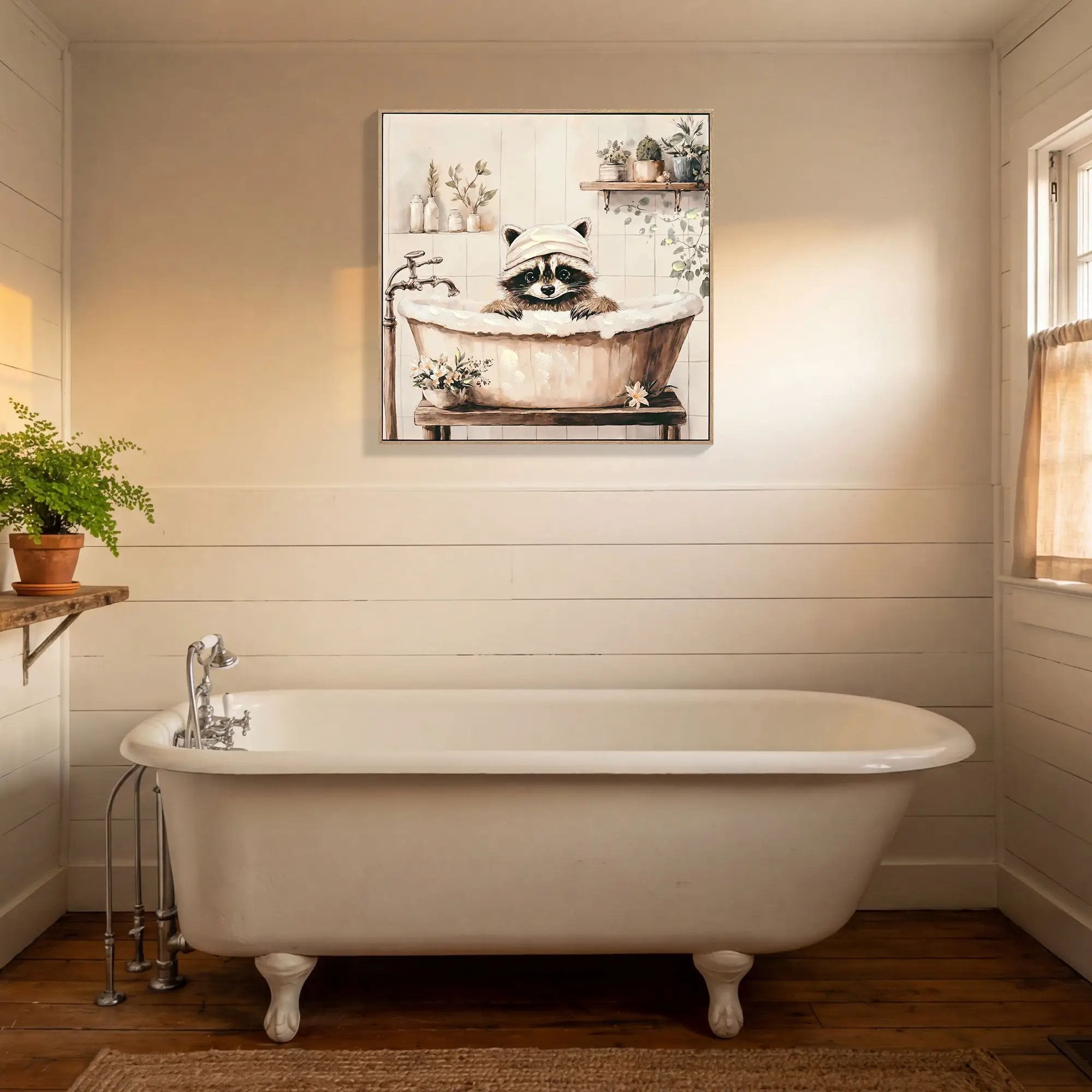Raccoon Bathroom Canvas Wall Art, Funny Animal, Framed - Black / Ivory by Unique Piece Furniture