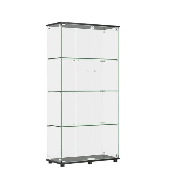 Modern Glass Display Cabinet With 4 Shelf Double Doors And Lock, Tempered Glass Bookshelf For Living Room - Black