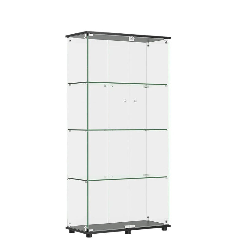 Modern Glass Display Cabinet With 4 Shelf Double Doors And Lock, Tempered Glass Bookshelf For Living Room - Black by HouseOfZazla