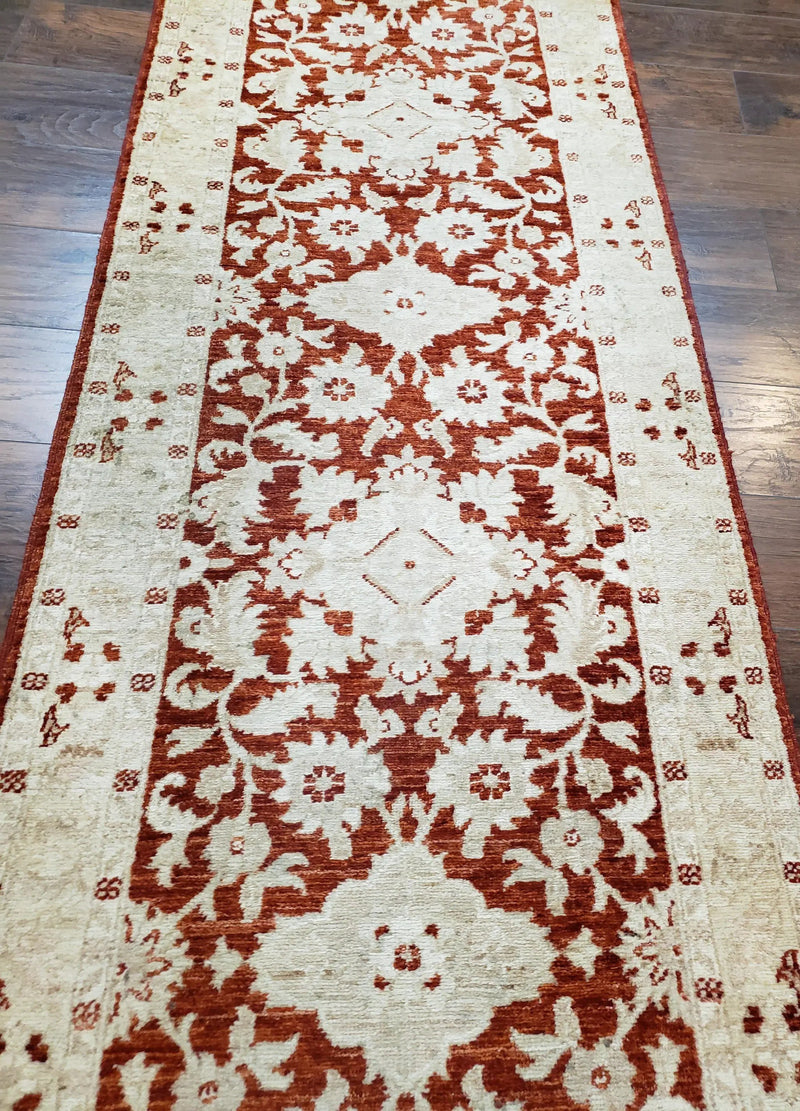 21 ft Runner Rug Long Hallway Runner, 3 x 21 Corridor Rug, Peshawar Pak Persian Chobi Agra Rug, Maroon and Beige Large Flowers Wool Handmade by Jewel Rugs