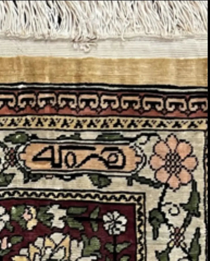 Wonderful Silk Turkish Hereke Prayer Rug 2.8 x 4.5, Tree of Life Design, Signature from Master Weaver, Gold and Burgundy, Handmade, 625 KPSI by Jewel Rugs