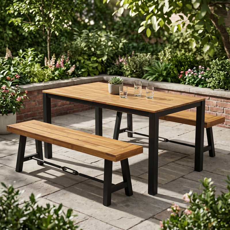 3-Piece Outdoor Acacia Wood Dining Set, 71" Rectangular Patio Table & 2 Benches by HouseOfZazla