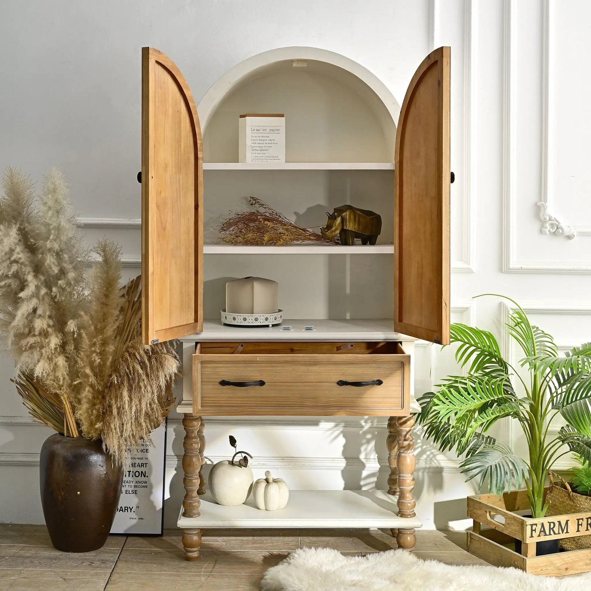 Arched Flower Carved Door Accent Sideboard Cabinet With 1 Drawer And Shelf, Cabinet For Kitchen - Natural / White by Unique Piece Furniture