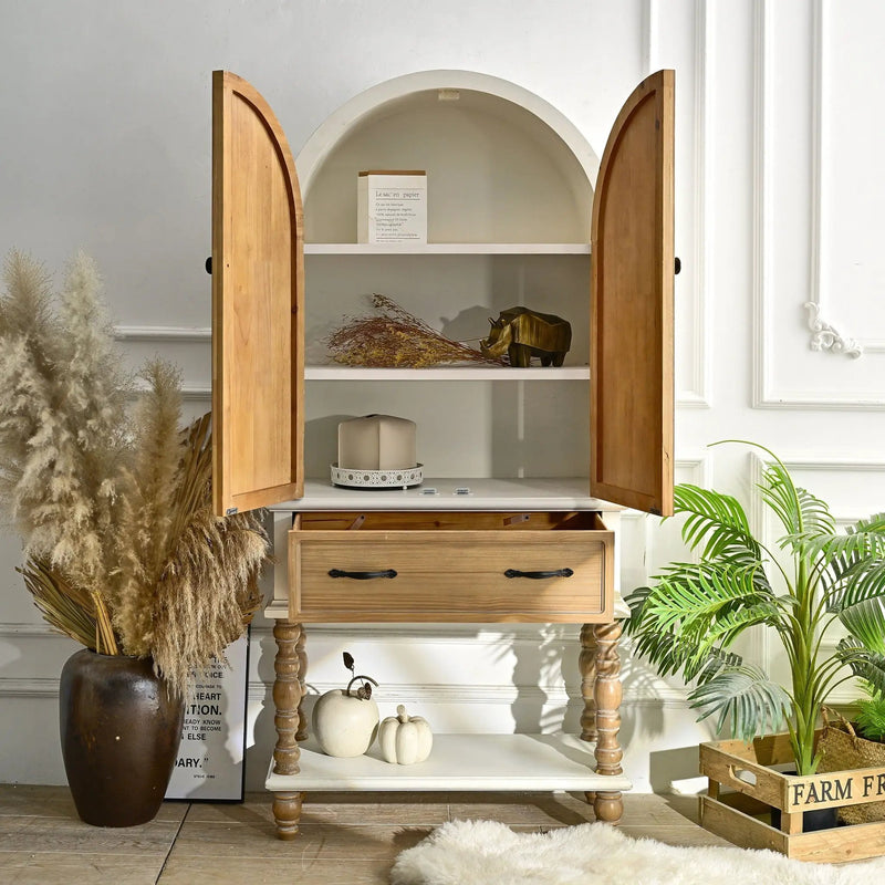 Arched Flower Carved Door Accent Sideboard Cabinet With 1 Drawer And Shelf, Cabinet For Kitchen - Natural / White by Unique Piece Furniture