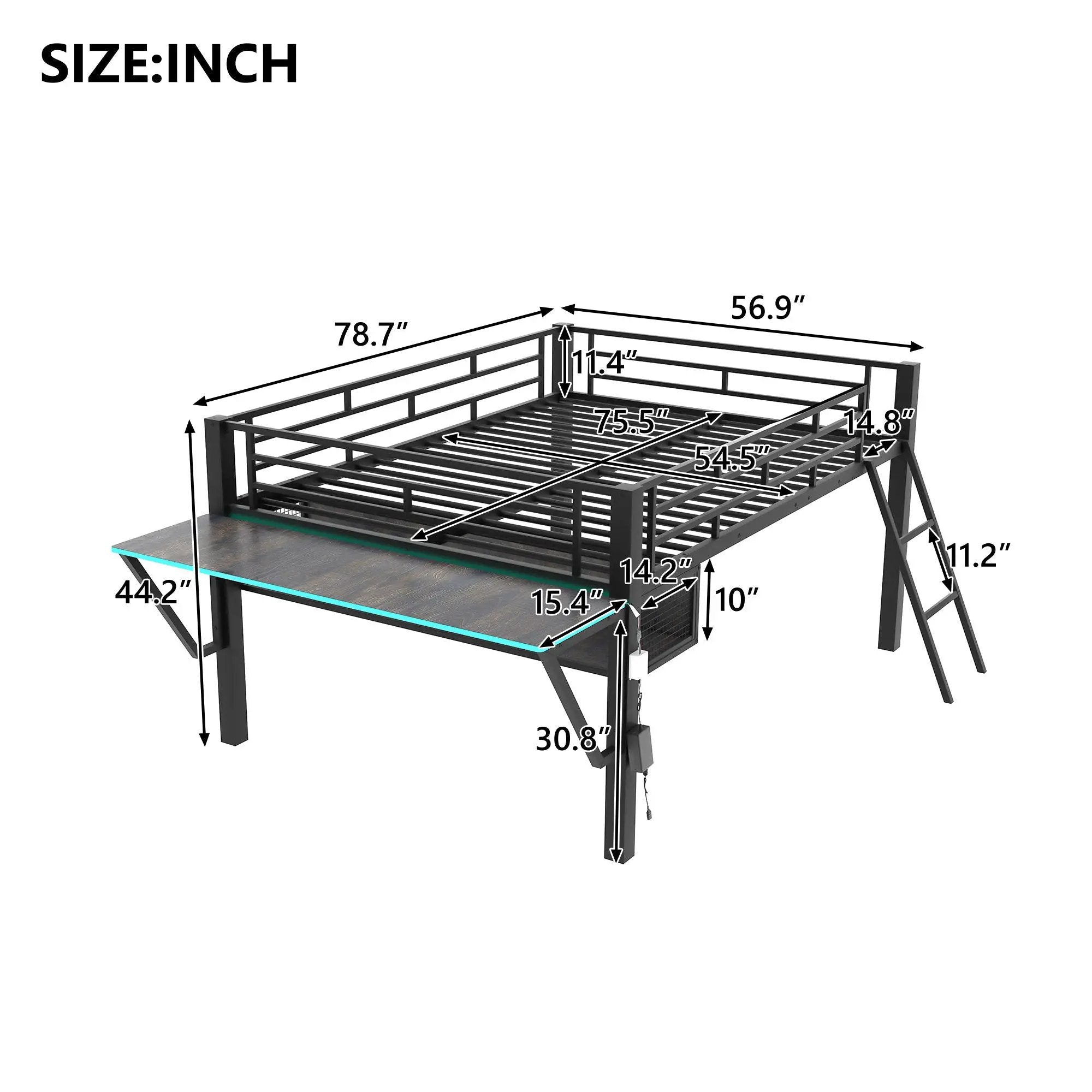 Gaming - Full Size Loft Bed With Desk, LED - Black by HouseOfZazla