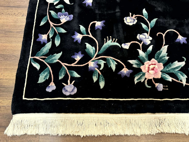 Chinese Wool Rug 6x9, Black, Floral, Minimal Design, 90 Line Carpet, Vintage Art Deco Rug by Jewel Rugs