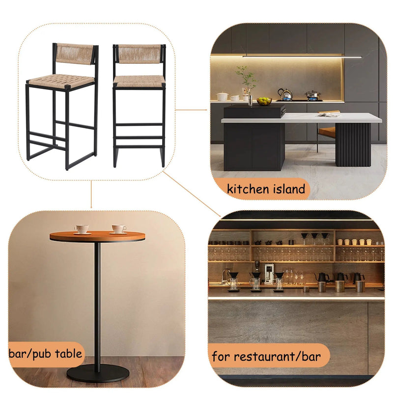 Kitchen Bar Stools with Footrest Set of 2 Paper Rope Weave Dining Chairs by HouseOfZazla