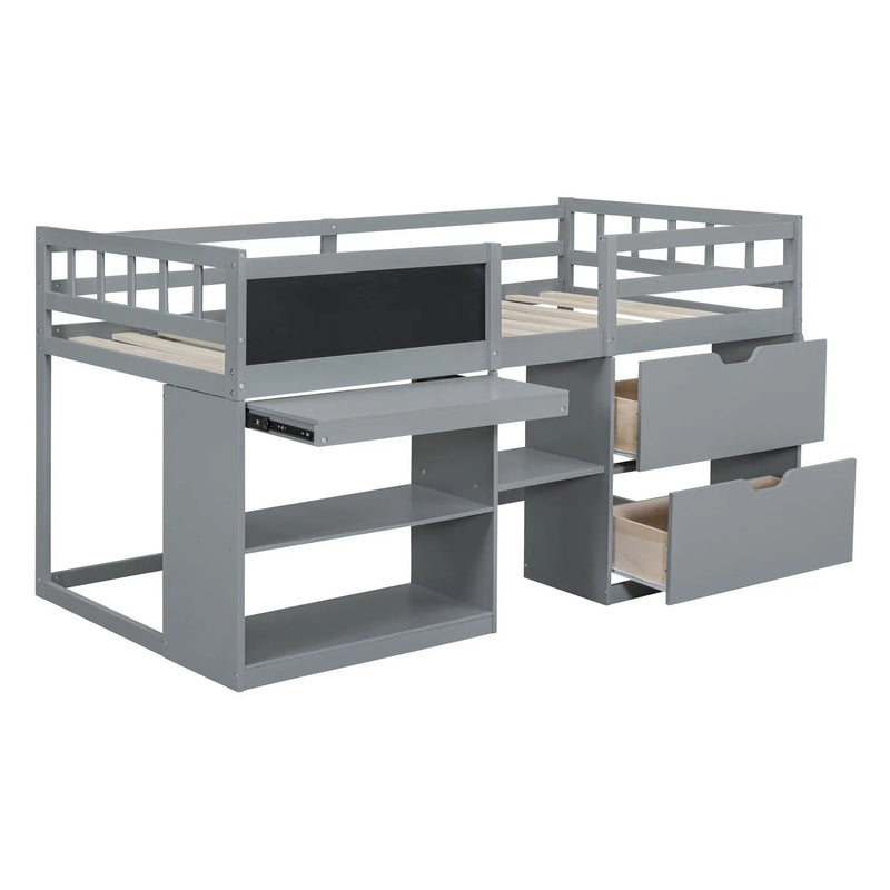 Low Loft Bed With Rolling Desk, Shelf And Drawers by HouseOfZazla