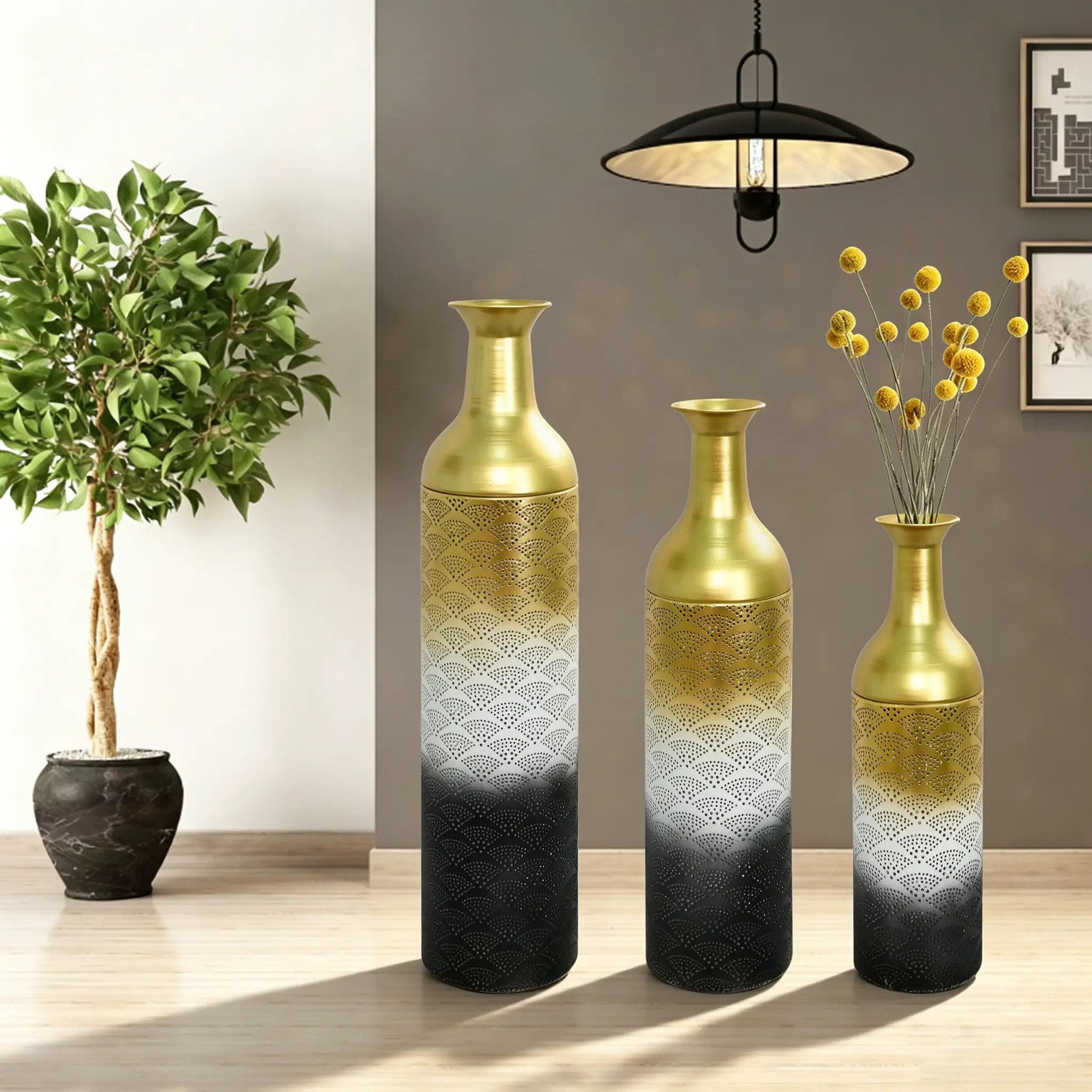 Decorative Metal Vases Set of 3, Leaf Pattern Floor Vases by HouseOfZazla