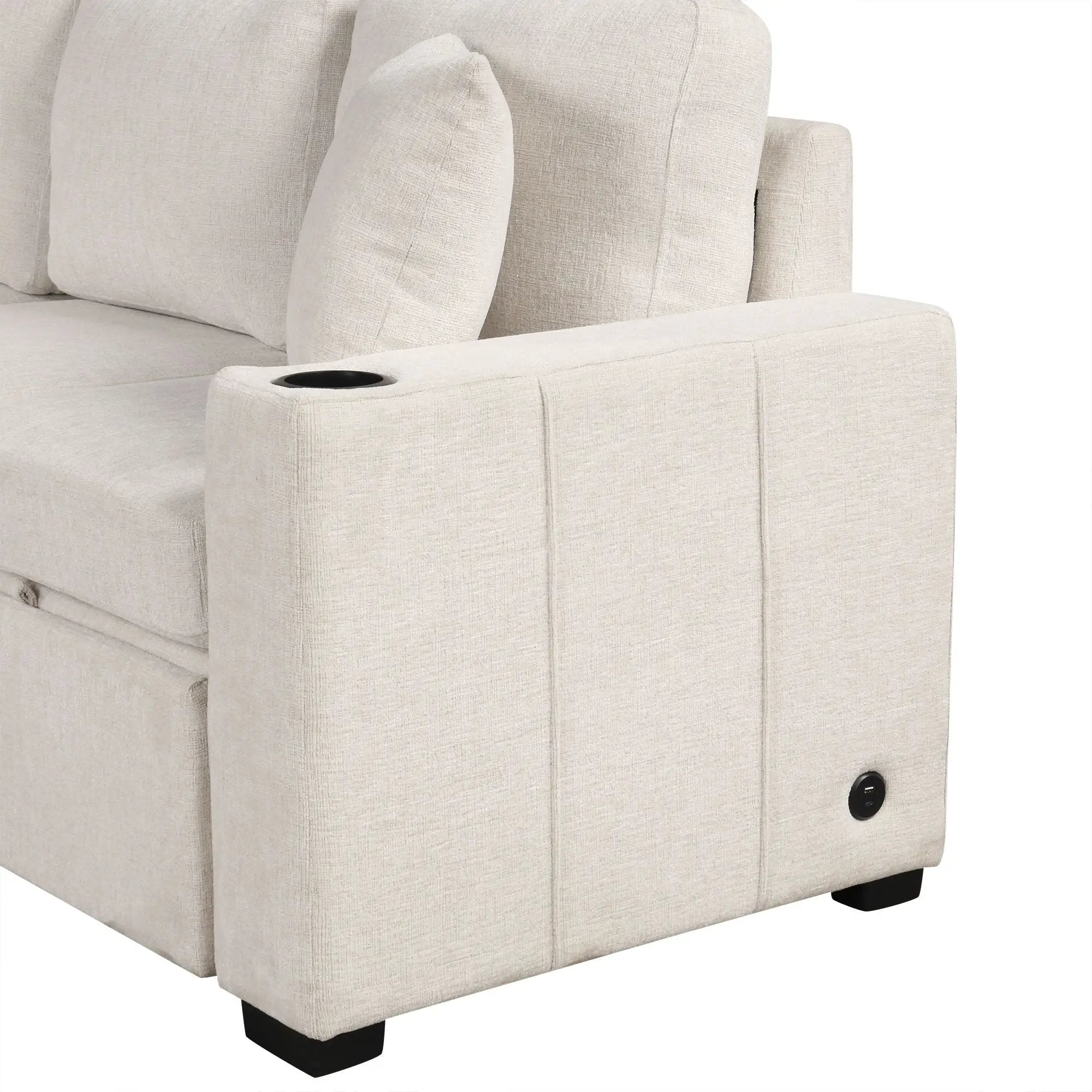 Modern U-Shaped Sectional Sofa Convertible Pull-Out Sofa Bed With USB Ports And Cup Holders